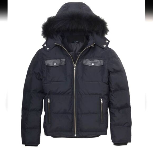 The Kooples Dark Blue Down Wool Puffer Jacket Raccoon Fur Hood Sz XS - Picture 1 of 16